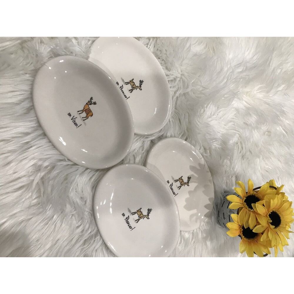 4 RAE DUNN CHRISTMAS Reindeer PLATES Prancer Vixen OVAL MAGENTA Holiday NEW